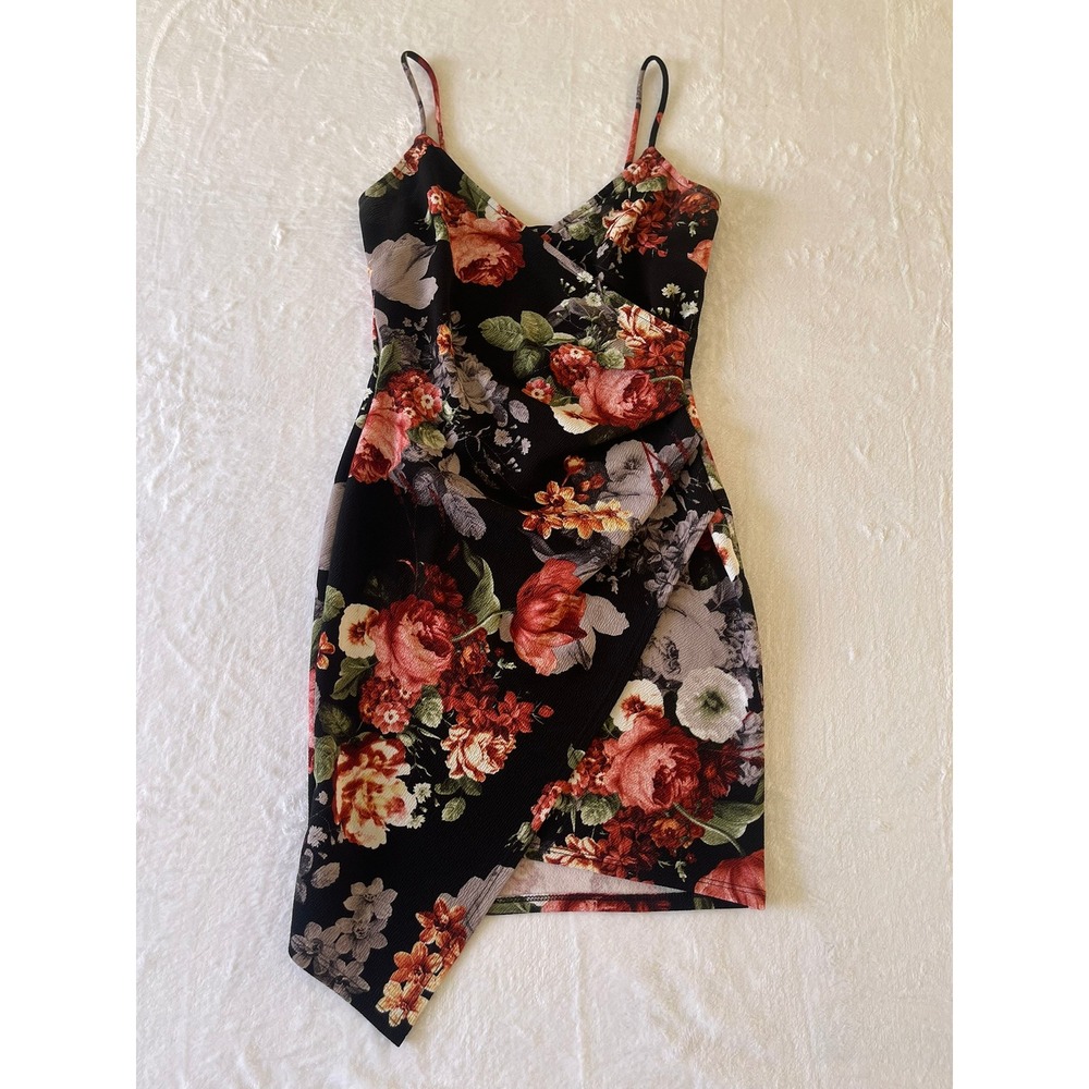 Love Culture Womens Size M Floral Bodycon Mini Dress Black Red Wrap Asymmetrical